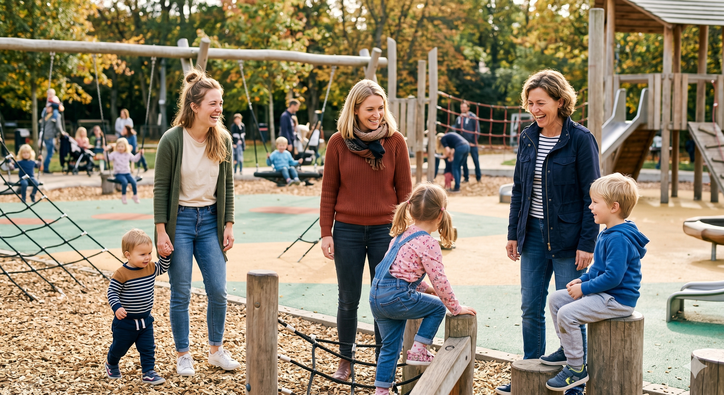 Mothers and children hanging out at the park smiling