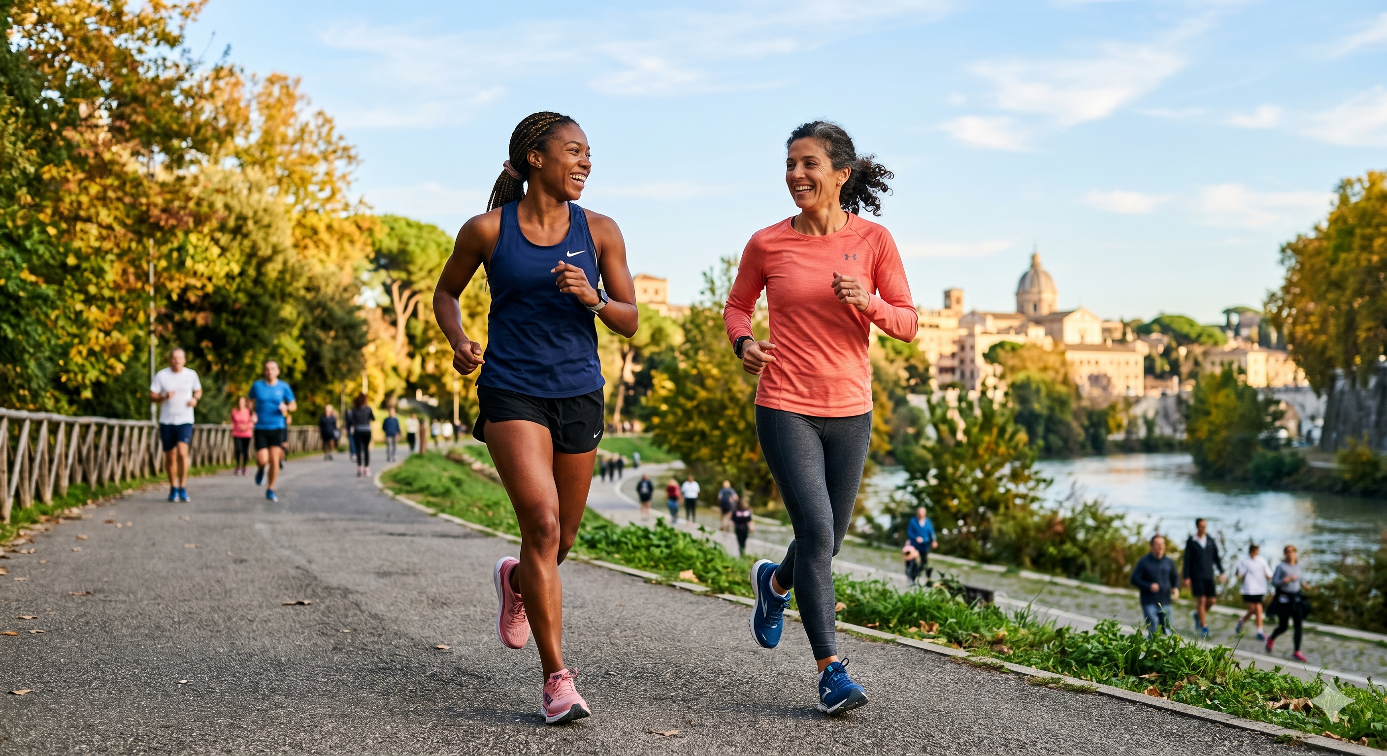 Women jogging and smiling outdoors