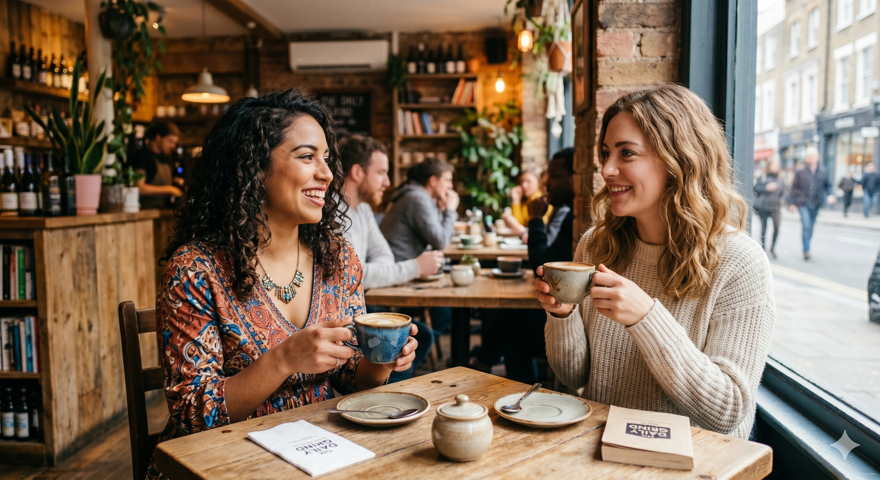 Diverse women enjoying coffee together and smiling